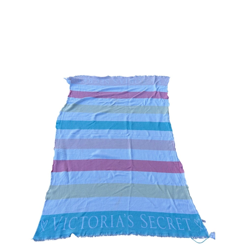 Victoria's Secret Beach Towel Sarong OS Blue Striped Cotton Tassel Women